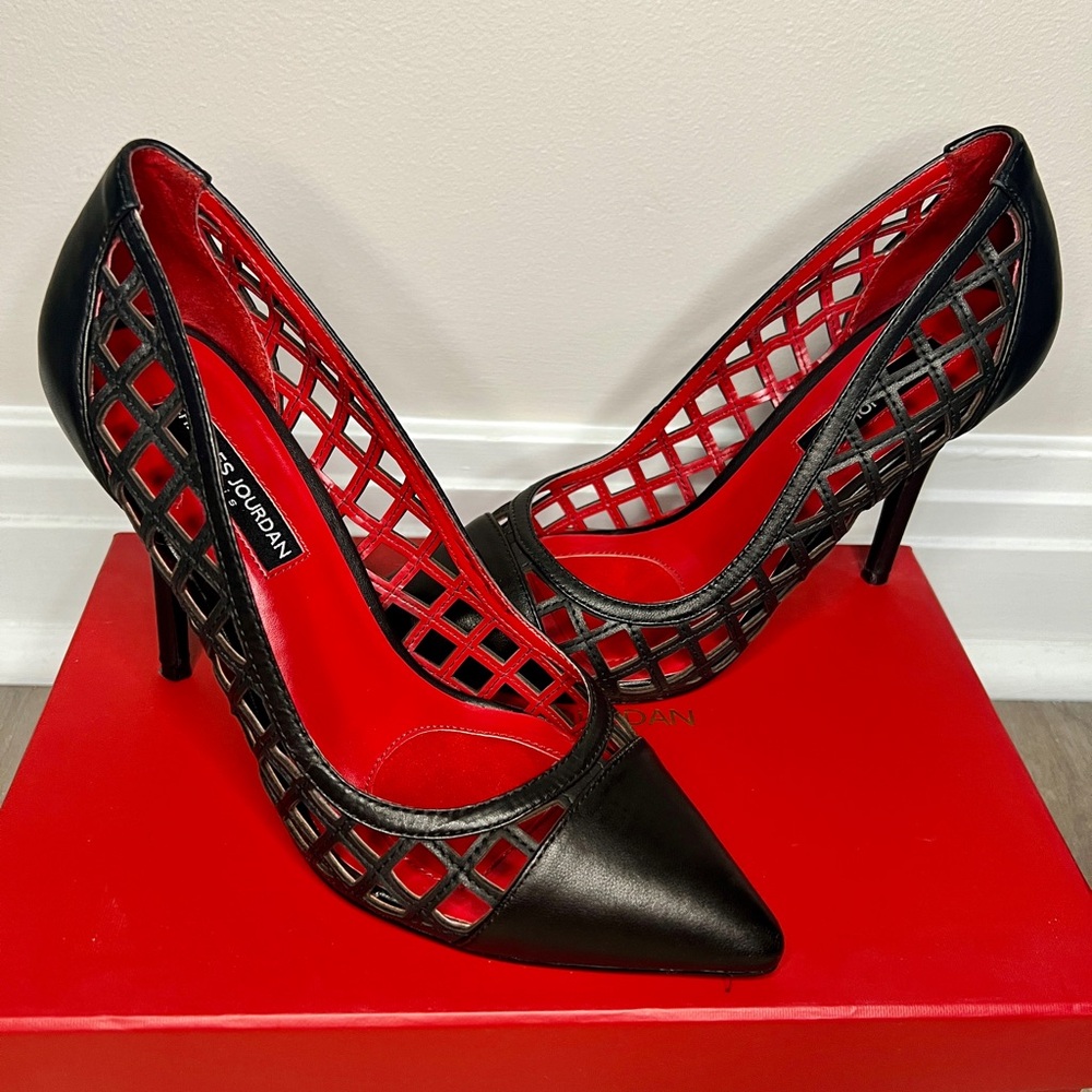 Charles Jourdan Paris Black Leather Bea Caged Heel Pump